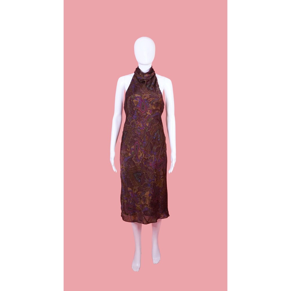 Y2K LAUREN RALPH Lauren. Silk PAISLEY Print. Turtleneck Dress W/Open Back. Small